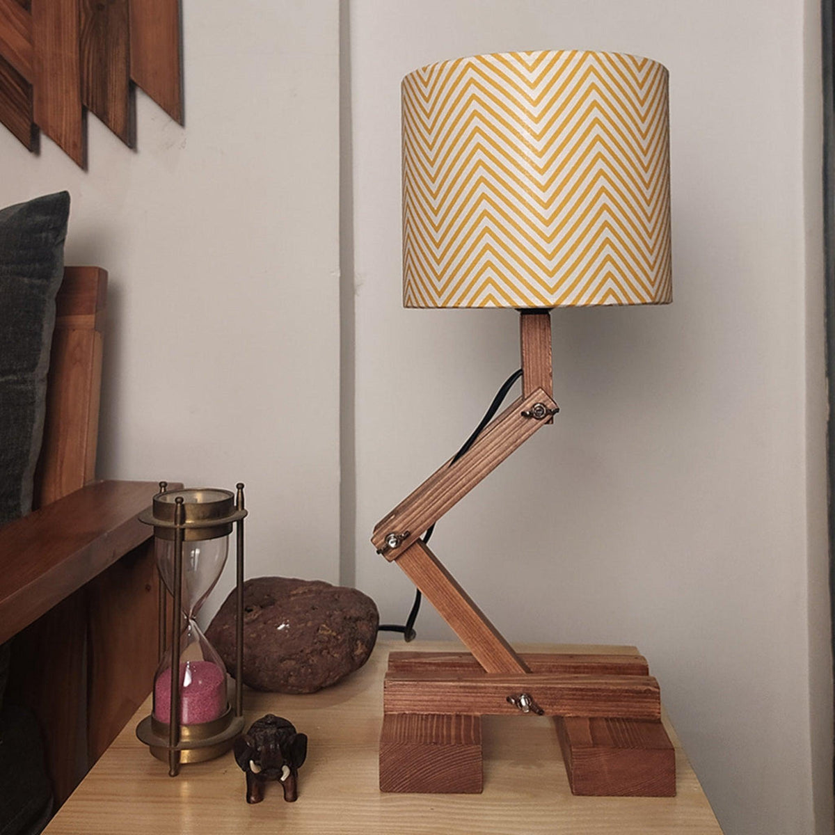 Flex Brown Wooden Table Lamp with Yellow Printed Fabric Lampshade - WoodenTwist