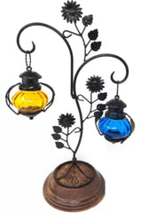 Attractive Glass With Metal Candle Stand Lantern (Yellow & Blue) - WoodenTwist