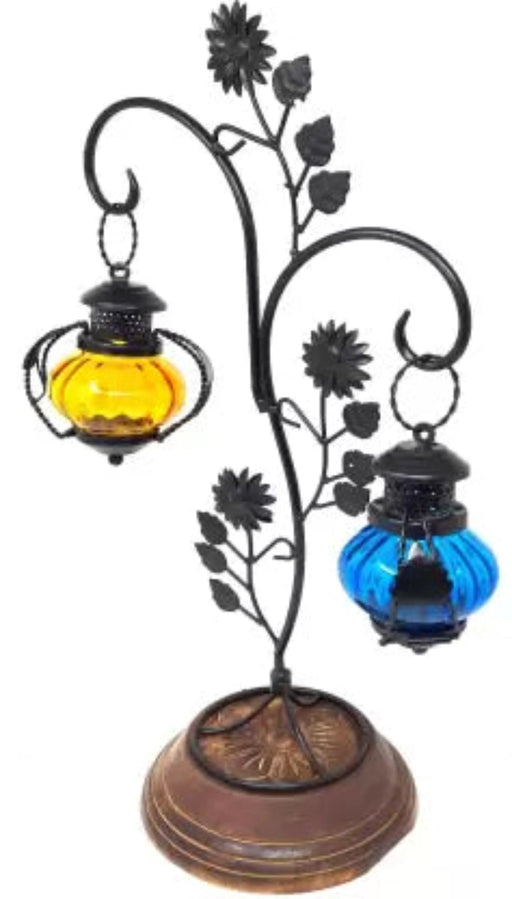 Attractive Glass With Metal Candle Stand Lantern (Yellow & Blue) - WoodenTwist