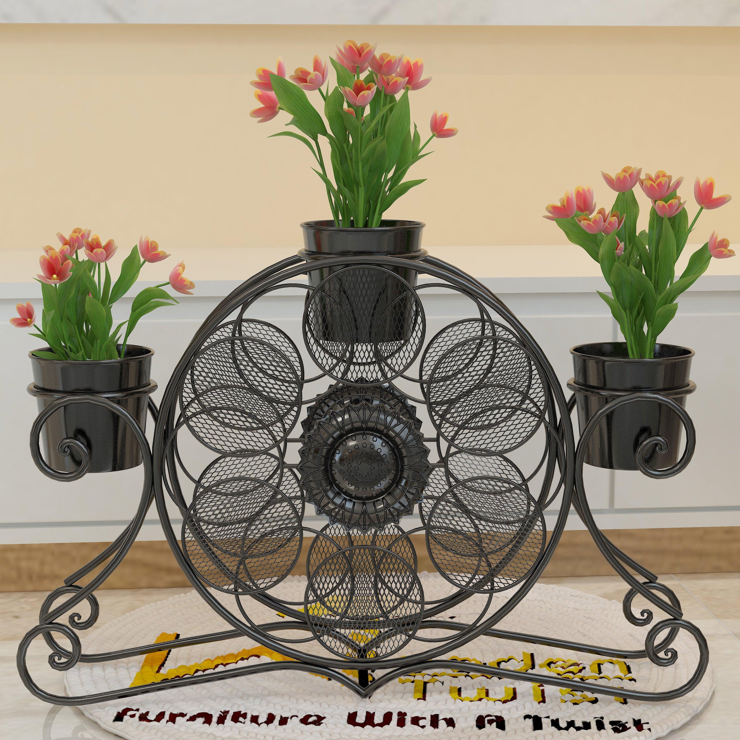 Wooden Twist Stylish loto Wrought Iron Floor Planter Stand with 3 Pots ( Black ) - WoodenTwist