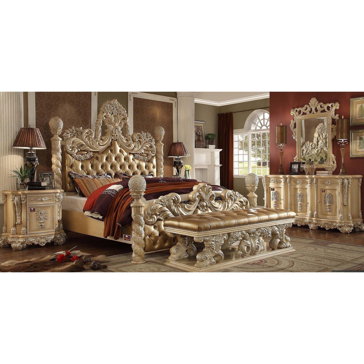 European Style King Size Bed with Bench in Teak Wood