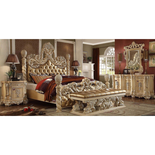 Wooden Hand Carving European Style Luxury King Size Bed with Bench (Golden Finish) - WoodenTwist
