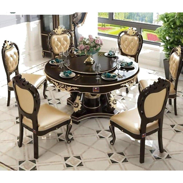 Wooden Hand Craved 6 Seater Classical Style Flower Pattern Dining Table Set (Teak Wood) - WoodenTwist