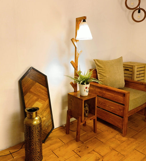 Gerard Wooden Floor Lamp with Brown Base and Jute Fabric Lampshade - WoodenTwist