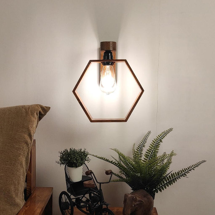 Hex Brown Wooden Wall Light - WoodenTwist