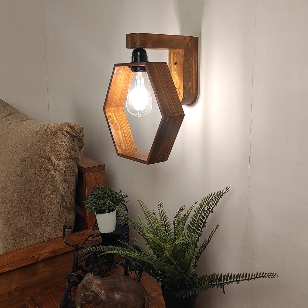 Hex Brown Wooden Wall Light - WoodenTwist