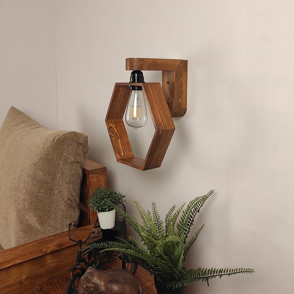 Hex Brown Wooden Wall Light - WoodenTwist