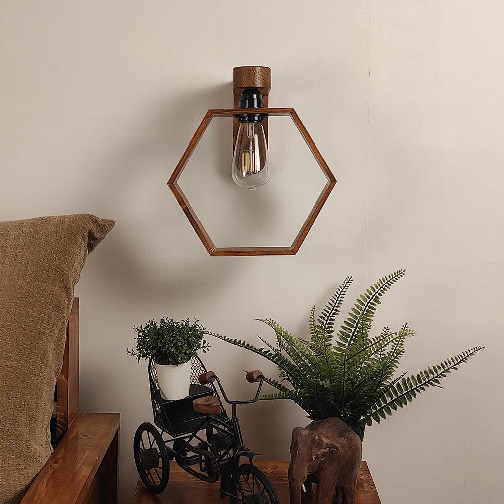 Hex Brown Wooden Wall Light - WoodenTwist