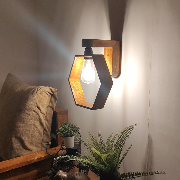 Hex Brown Wooden Wall Light - WoodenTwist