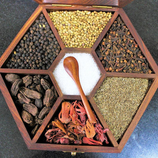 Handcrafted Hexagon Shaped Sheesham Wood Spice Box - WoodenTwist