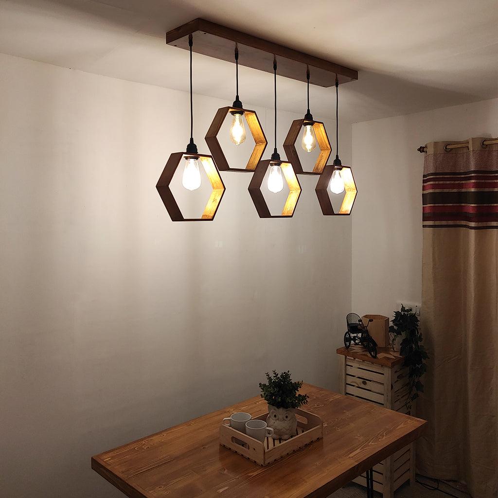 Hexagram Brown 5 Series Hanging Lamp - WoodenTwist