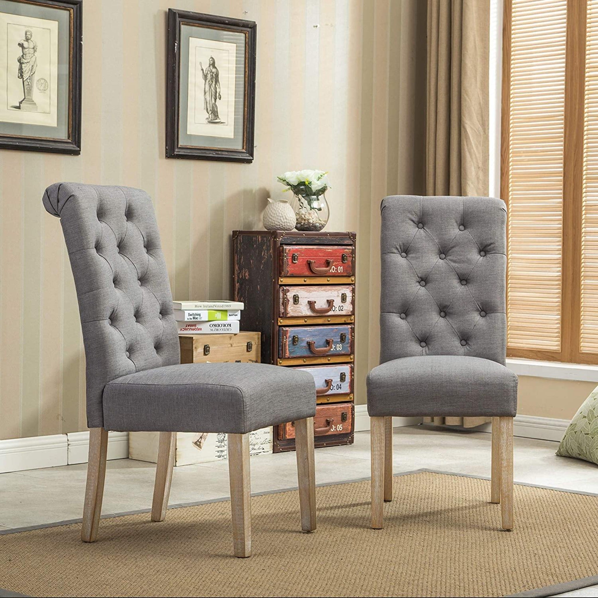 Button Tufted Parsons Chairs in Teak Wood (Set of 2) - WoodenTwist