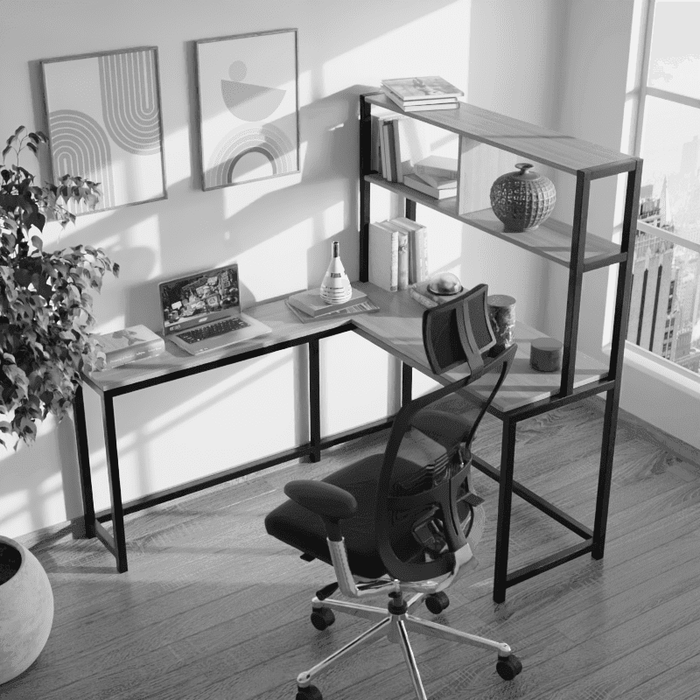 White corner desk shop and chair