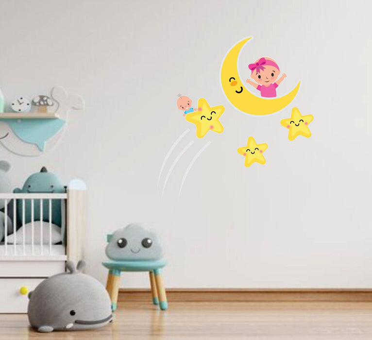 Baby With Moon And Smily Stars Wall Sticker For Baby Room, Kids Nursery - WoodenTwist