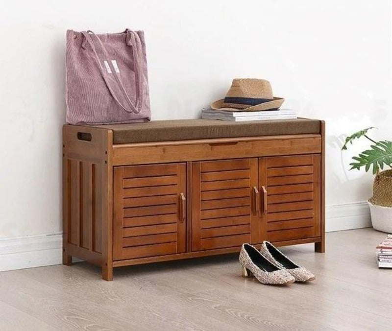 Natural Bamboo Wood 3 Door Shoe Rack Cabinet with Seat - WoodenTwist