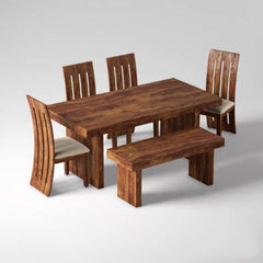 Elegant Teak Wood 6 Seater Dining Set with Bench (Finish Color - Honey) - WoodenTwist