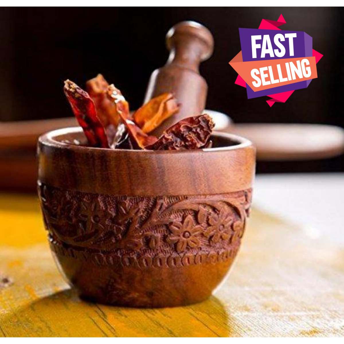 Brown Wood Kitchen Tool Set (Wood Carved Pestle and Mortar) - WoodenTwist