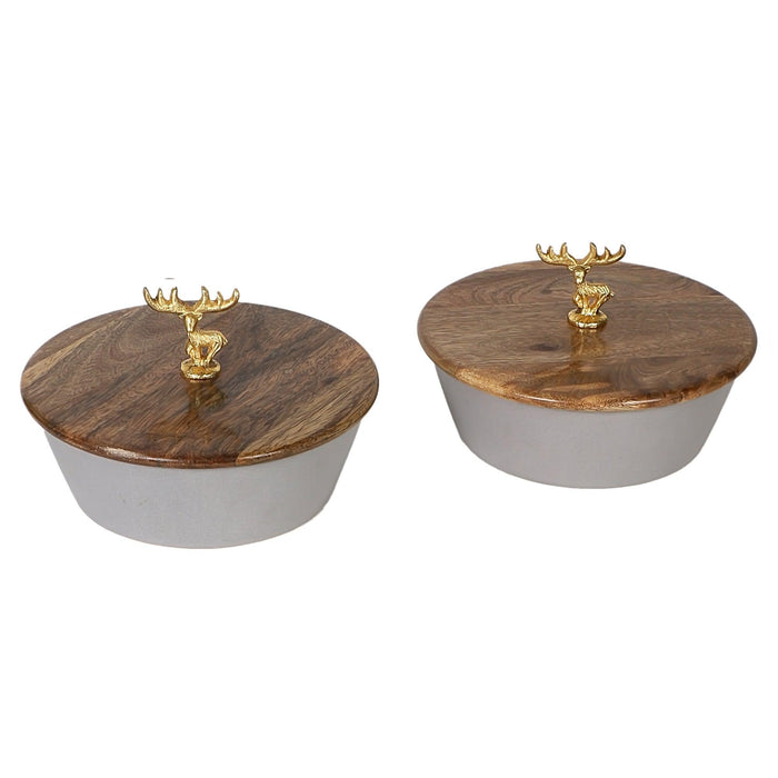 Grey Ceramic Serving Bowl With Mangowood Lid (Set of 2) - WoodenTwist