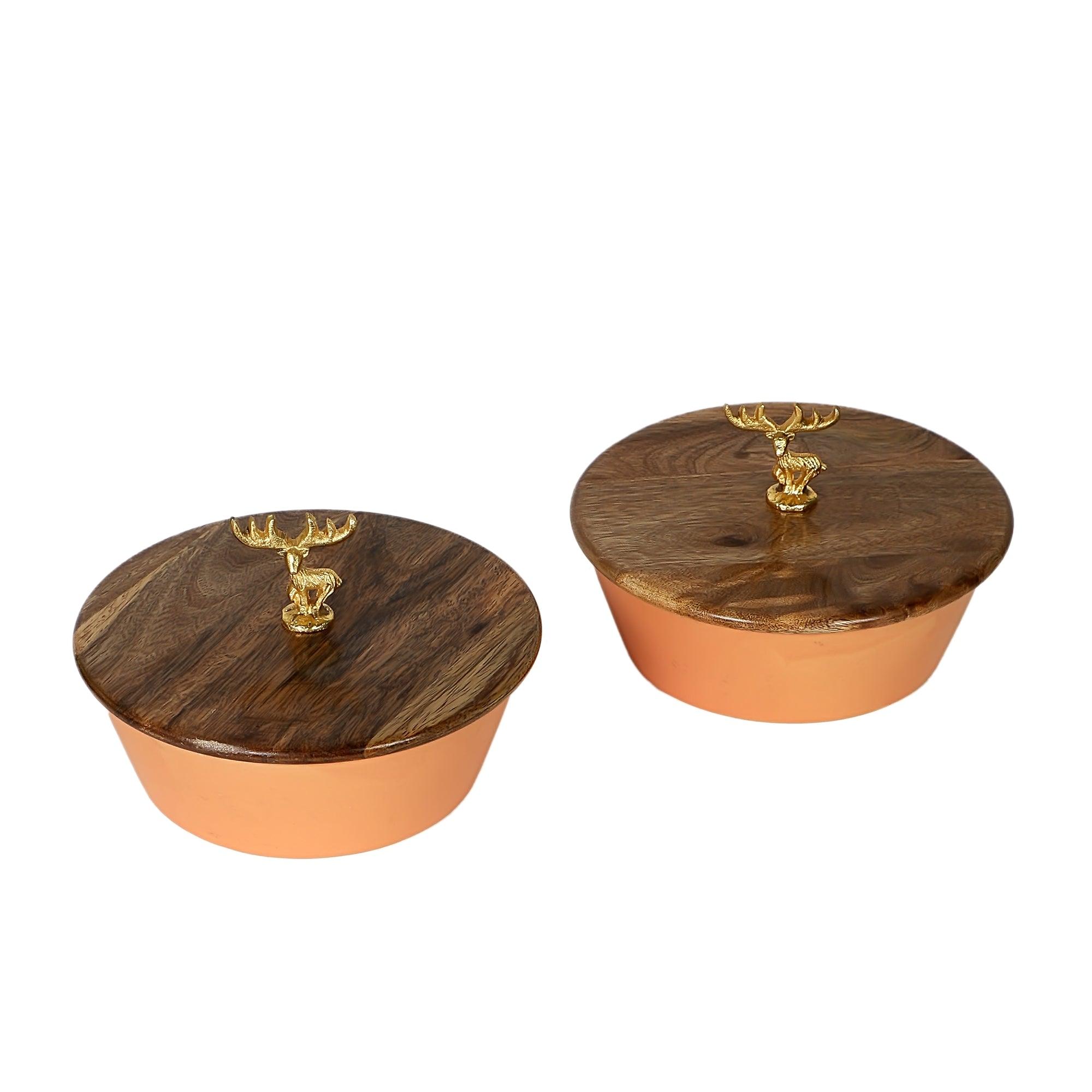 Mustard Ceramic Serving Bowl With Mangowood Lid (Set of 2) - WoodenTwist