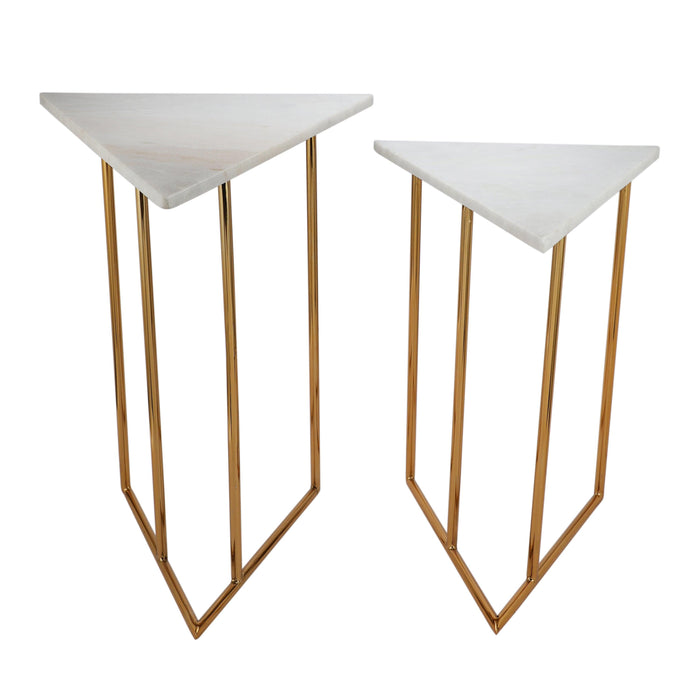 Marbled Steel Triangle Nesting Table shiny Gold Nickel Finish (2 pcs set) - WoodenTwist
