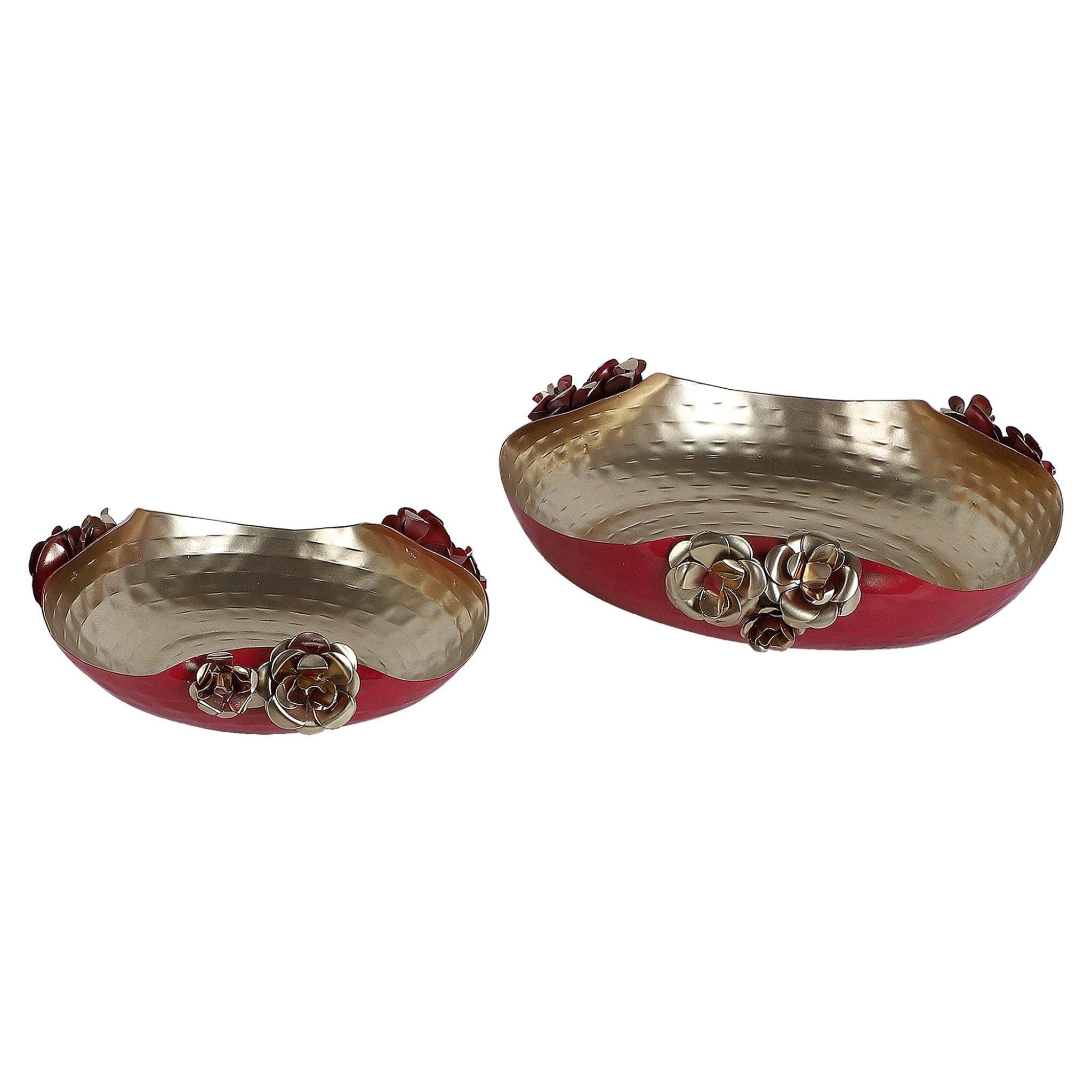 Red & Gold Hammered Rose Urli Set of 2 - WoodenTwist