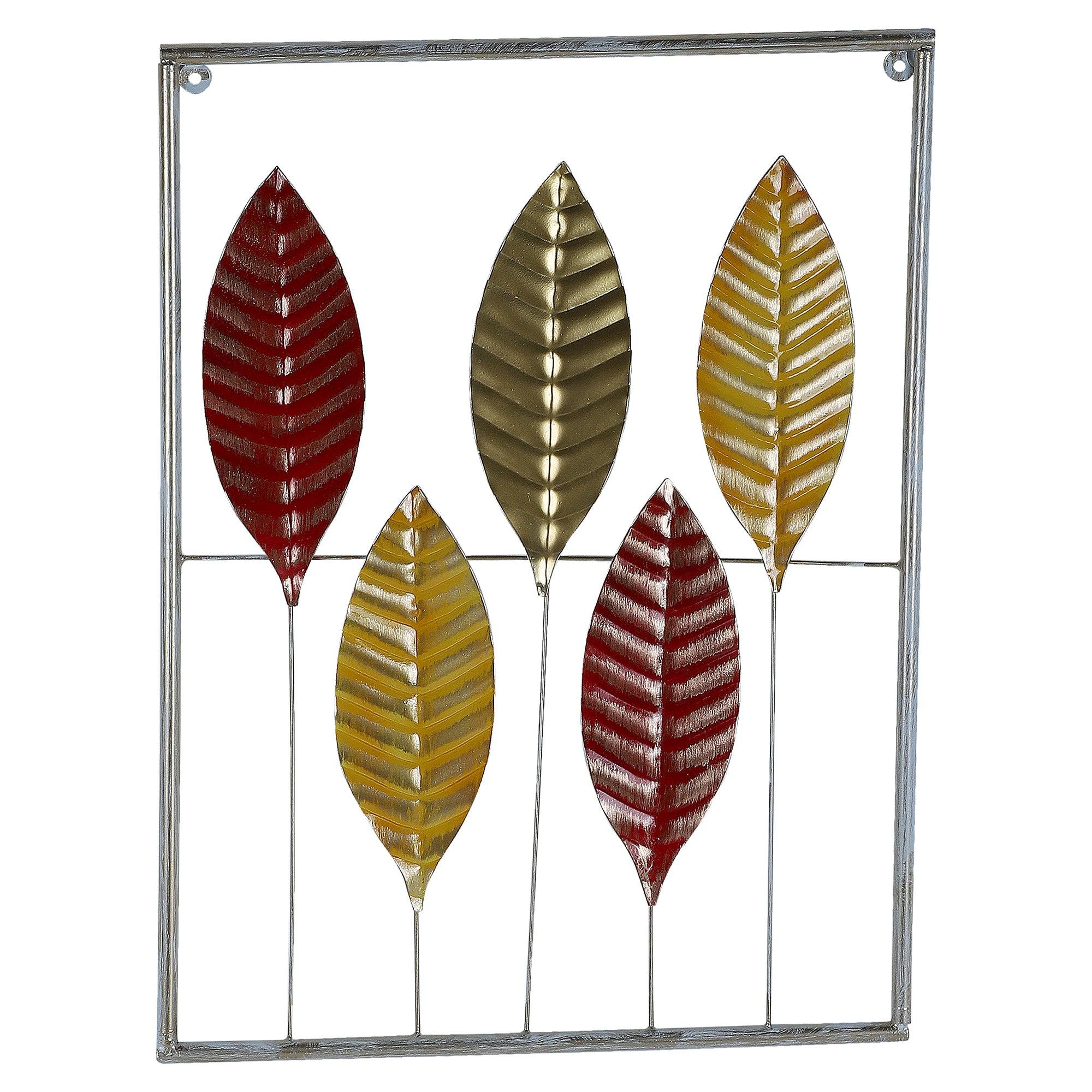 Red , Yellow & Gold Rectangular Leaves Wall Decor Set of 3 - WoodenTwist