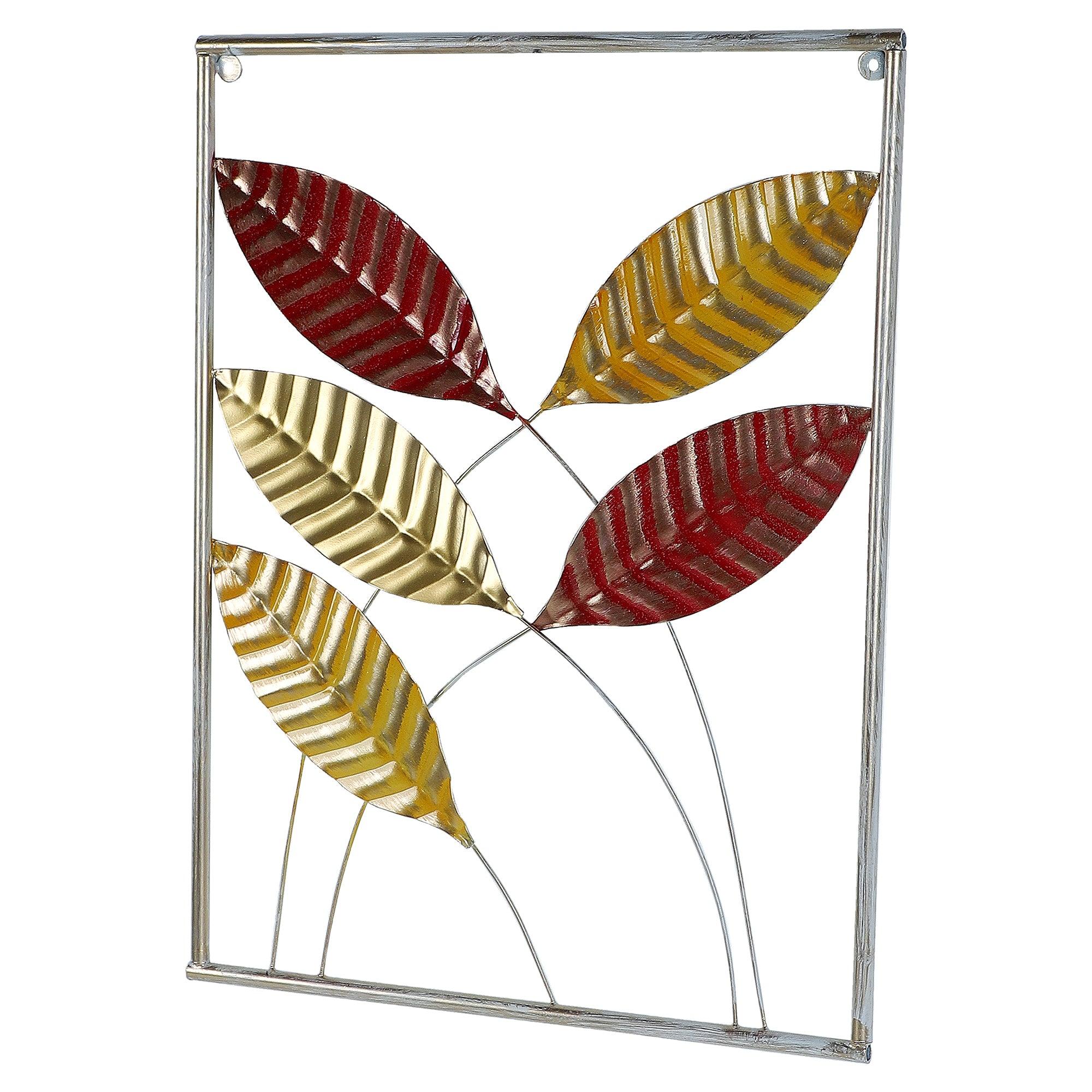 Red , Yellow & Gold Rectangular Leaves Wall Decor Set of 3 - WoodenTwist