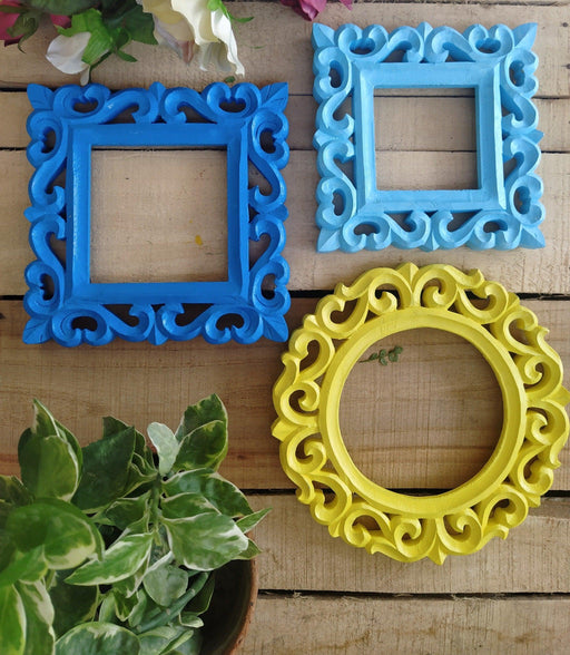 Yellow Blue Square Round Wall Photo Frame (Set - 3) - WoodenTwist