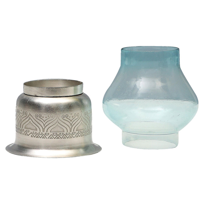 Metal Candle Base with Hand Etched Design and Complimented With a Traditional Glass Chimney - WoodenTwist