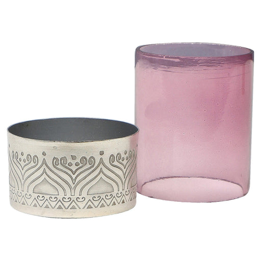 Silver plated metal Votive with hand etched design and complimented with purple glass - WoodenTwist