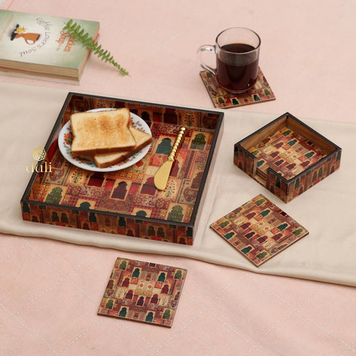 Wooden Enamel Coated Multipurpose Serving Tray & Coasters for Home and Dining Table - WoodenTwist