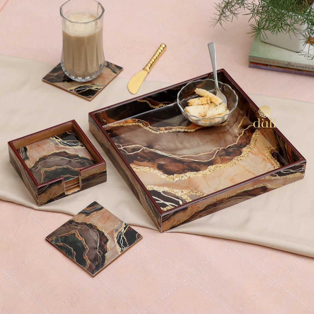 Wooden Enamel Coated Multipurpose Serving Tray & Coasters for Home and Dining Table - WoodenTwist