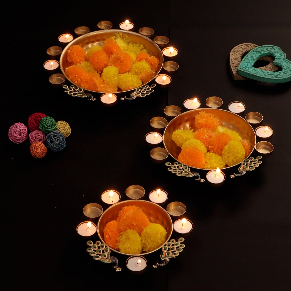 Peacock Uruli with Tealight Set of 3 - WoodenTwist