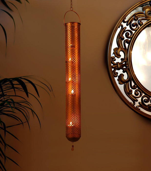 Hand Crafted cylindrical hanging T light holder with 5 candles in a fine etched mesh designer - WoodenTwist