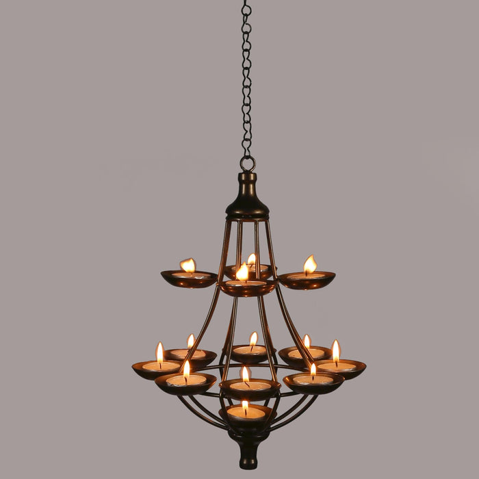 Hand crafted Hanging T light stand with 12 T light holders in an unique Ektara shape - WoodenTwist