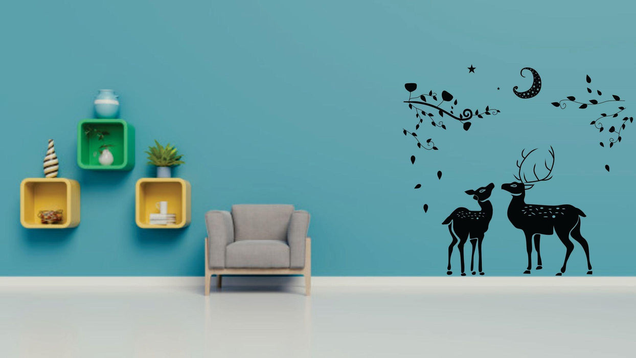 Black Deer with Leaves and Moon wall Sticker for Living Room - WoodenTwist