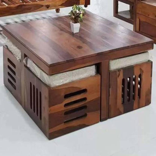 Teak Wood Coffee Table Set With 4 Stool - WoodenTwist