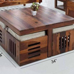 Teak Wood Coffee Table Set With 4 Stool - WoodenTwist