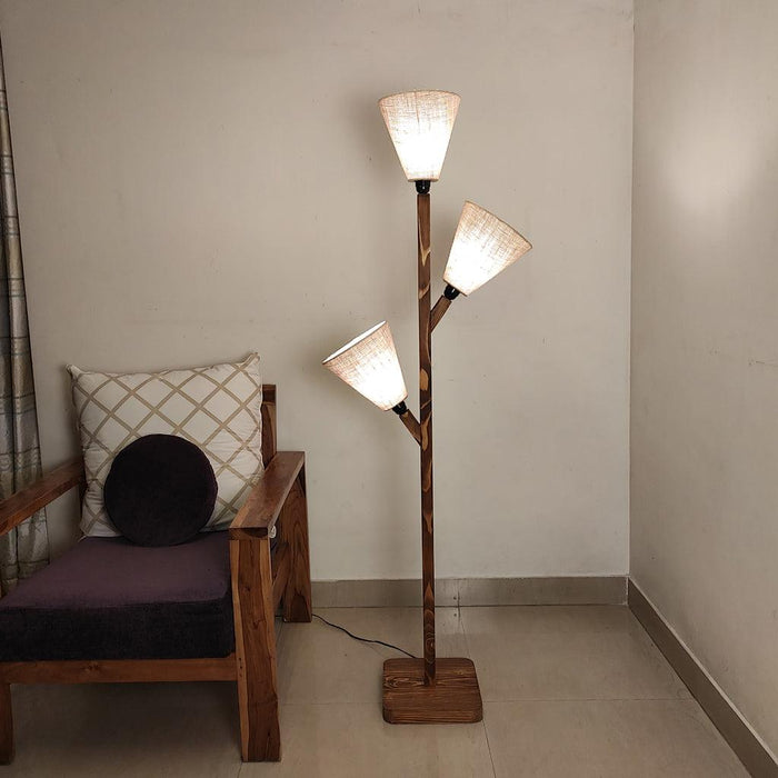 Jasper Wooden Floor Lamp with Brown Base and Beige Fabric Lampshade - WoodenTwist