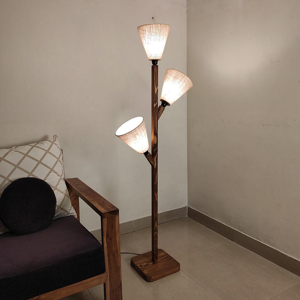 Jasper Wooden Floor Lamp with Brown Base and Beige Fabric Lampshade - WoodenTwist