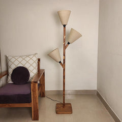 Jasper Wooden Floor Lamp with Brown Base and Beige Fabric Lampshade - WoodenTwist