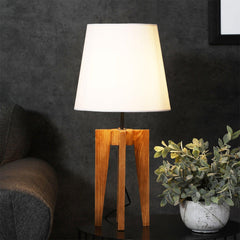 Jet Brown Wooden Table Lamp with White Fabric Lampshade - WoodenTwist