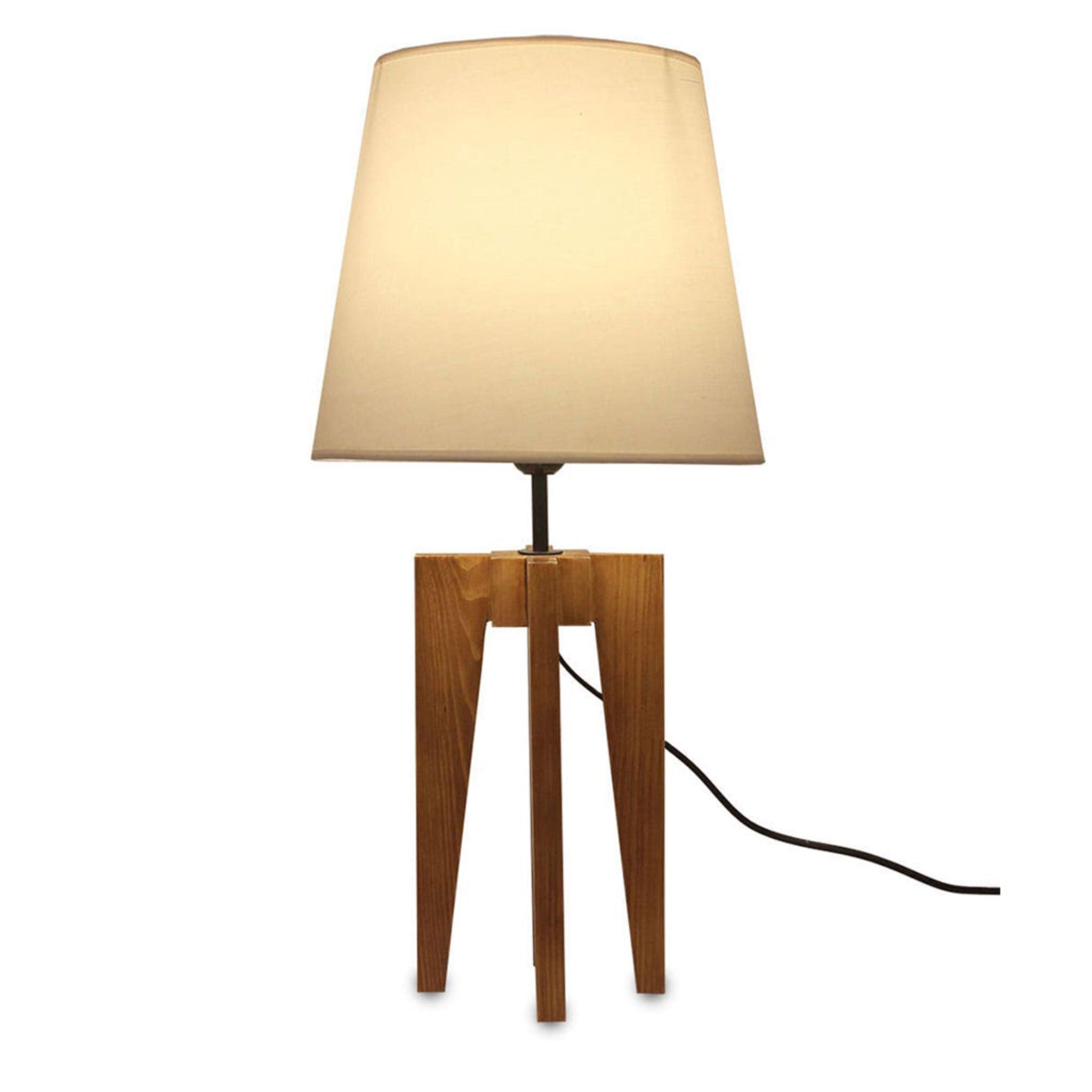 Jet Brown Wooden Table Lamp with White Fabric Lampshade - WoodenTwist