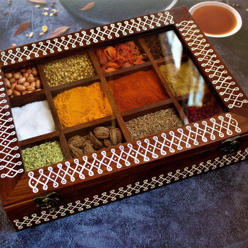 Sheesham Wood Kolam Inspired Hand Painted Spice Box with Glass Top - WoodenTwist