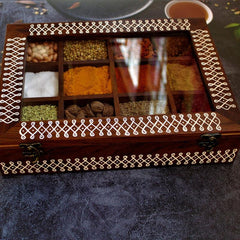 Sheesham Wood Kolam Inspired Hand Painted Spice Box with Glass Top - WoodenTwist