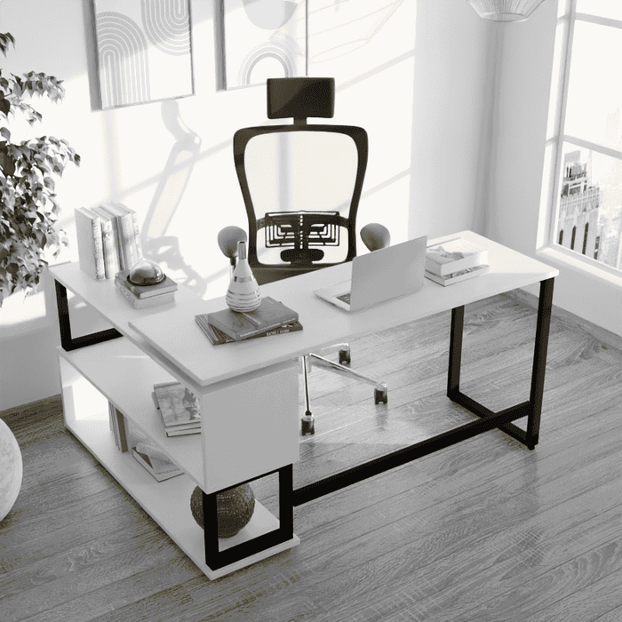 L Shape executive desk in Beige finish - WoodenTwist
