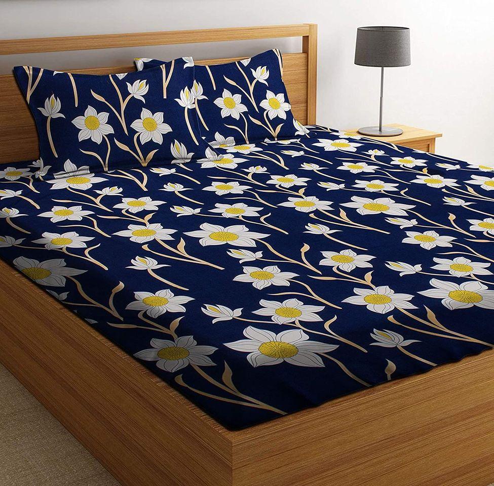 Glace Cotton Double Bedsheet with 2 Pillow Covers (Bluefand Yellow Flower) - WoodenTwist