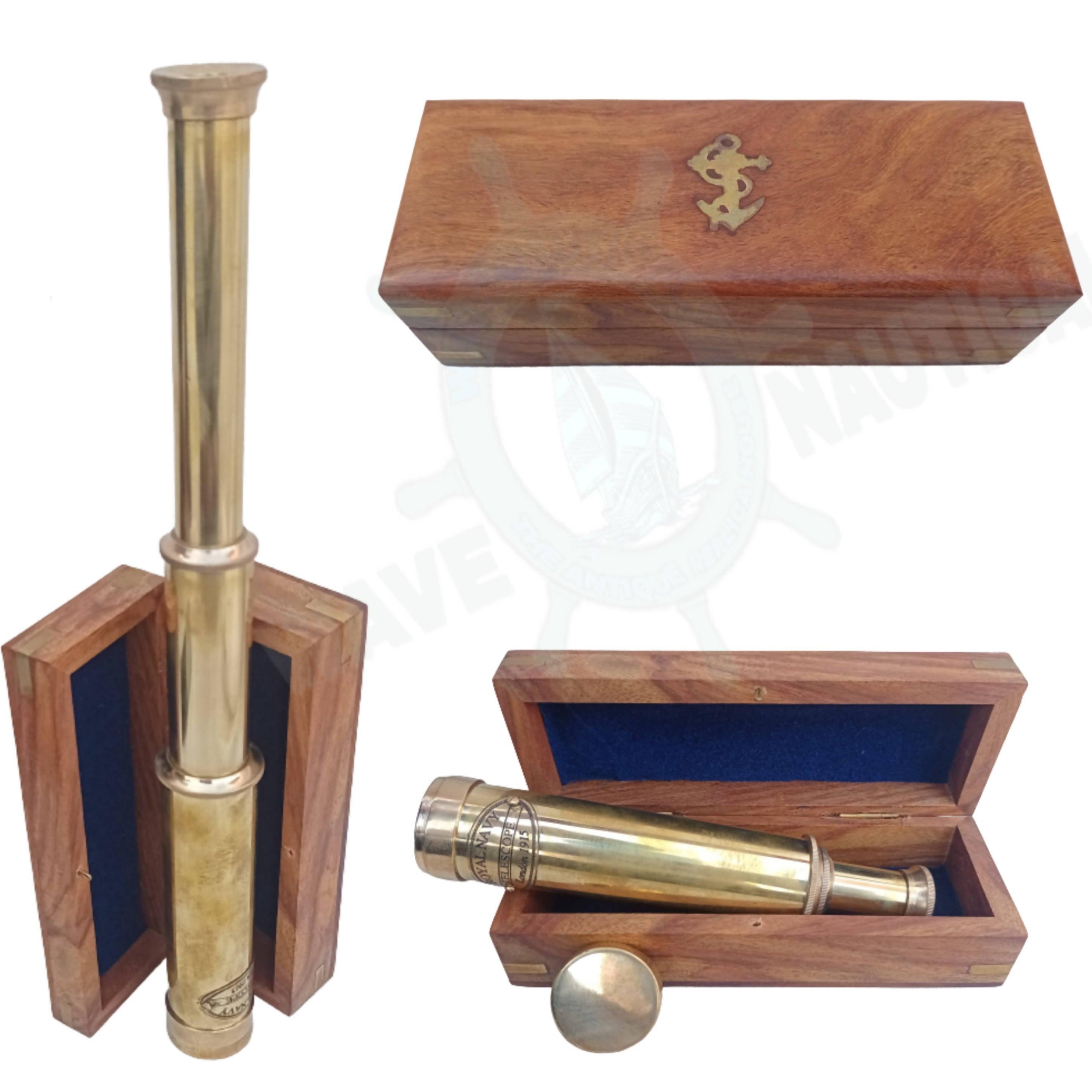 Brass Telescope with Solid Wood Box Handmade Brass Telescope with Lens Cover - WoodenTwist