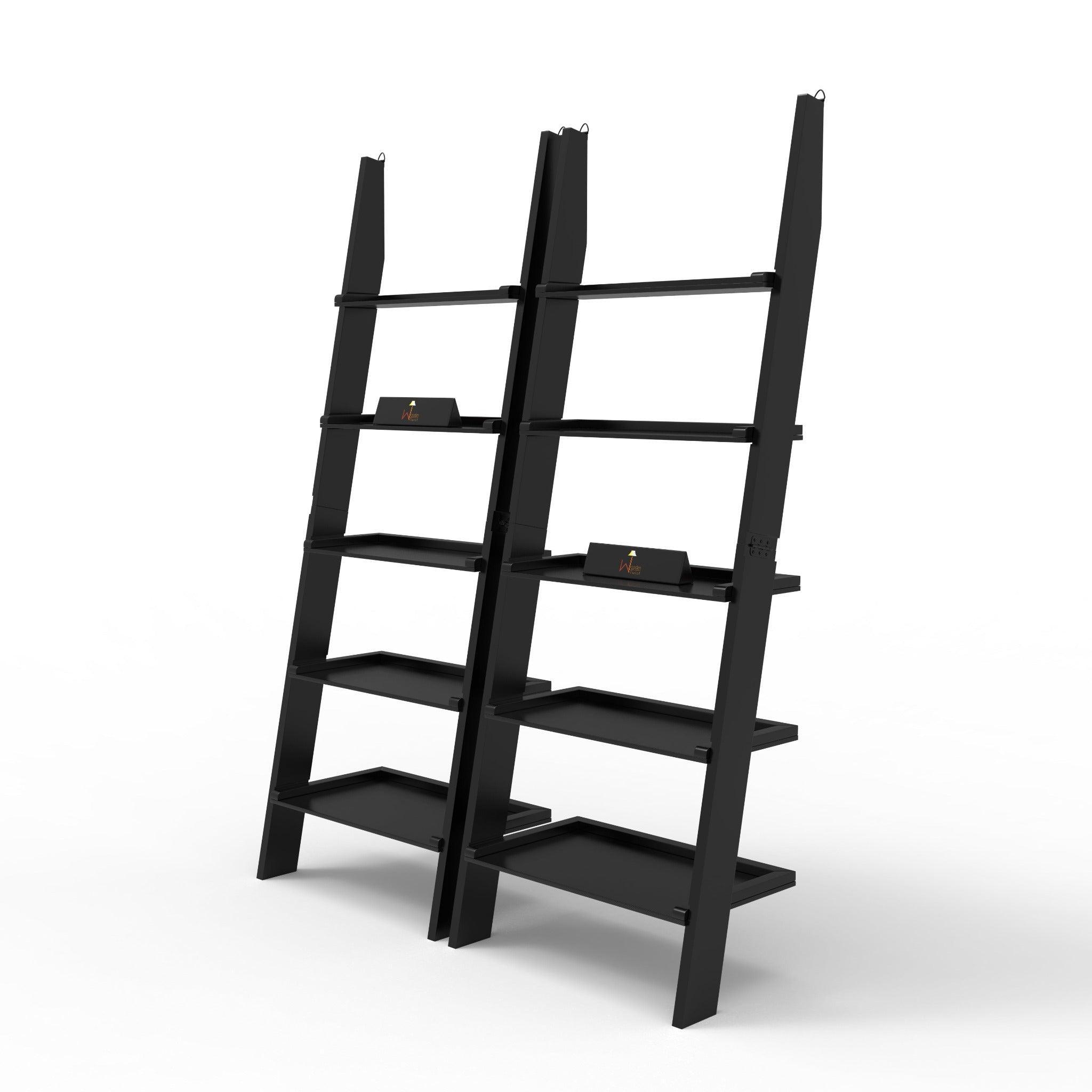 Ladder bookshelf styled with books and decor in a living room