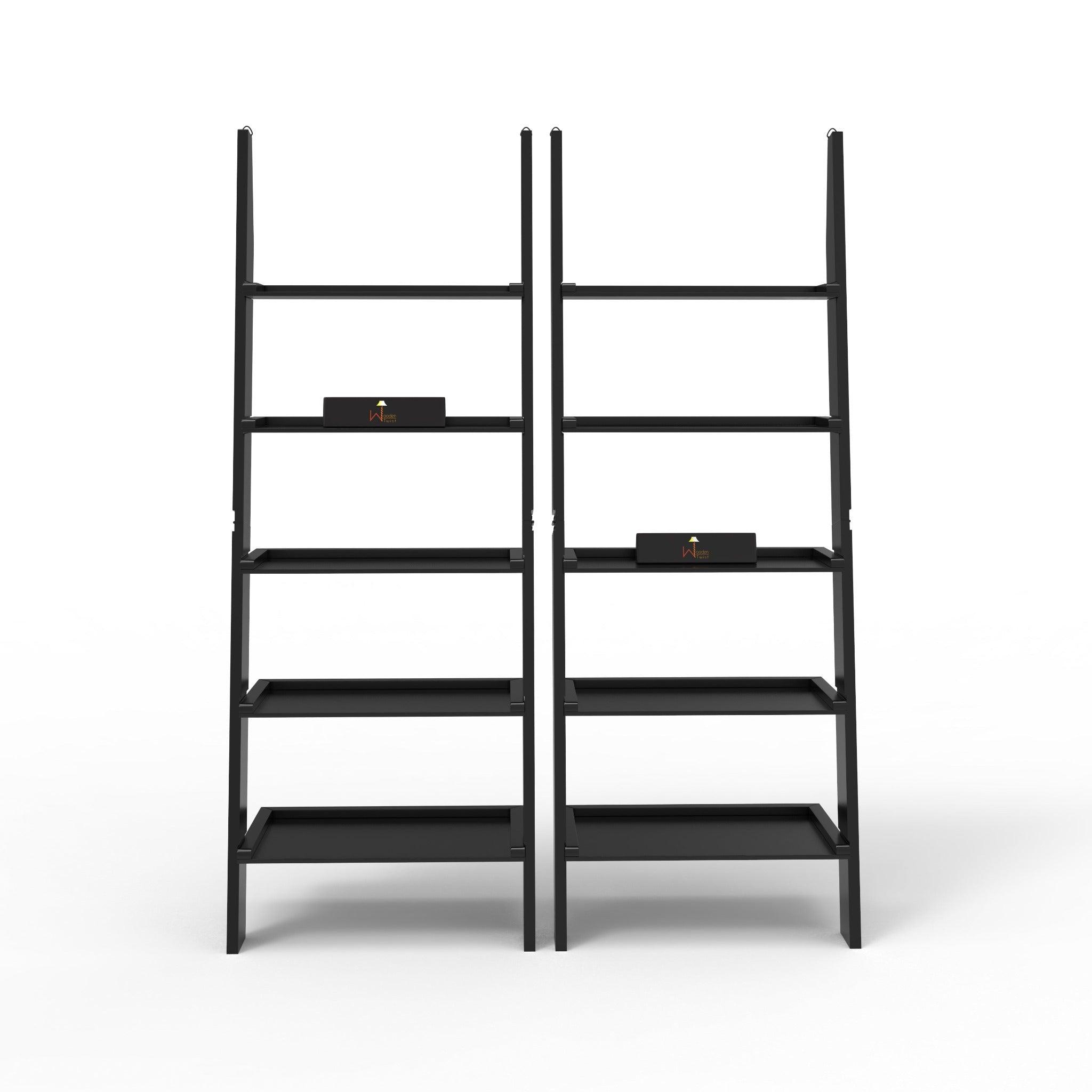 Leaning Bookcase Ladder and Room Organizer Engineered Wood Wall Shelf -Set of 2 - WoodenTwist